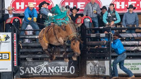 Jess Pope, on Pete Carr Pro Rodeo’s Painted River scored an 87 during the 4th performance of the 2023 San Angelo Rodeo.