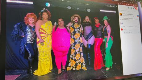 From the West Texas Drag Queen Show. The center actor, with a beard, is N4X at Nite, who is headlining the Be Theatre Show.