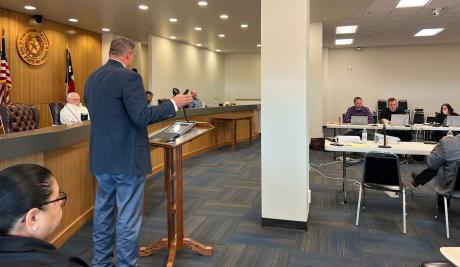 Tom Green County Sheriff Nick Hanna argues for higher salaries at the FY 2023 county budget workshop on July 7, 2023.