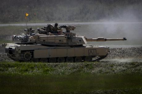 A tank with the Army’s 1st Battalion, 63rd Armor Regiment conducts an M1A2 demonstration of capabilities at Grafenwoehr, Germany, May 25, 2023.
