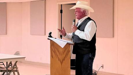 Texas Ag Commissioner Sid Miller speaks at the annual Texas Farm Bureau barbecue in Wall on August 8, 2023.