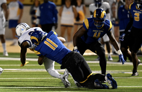 Angelo State's Eric Rascoe makes a Tackle