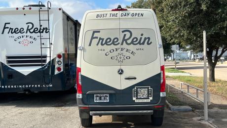 A Free rein Caoffe Co. delivery truck and motorhome stand at the ready at the San Angelo location of Free Rein Coffee Co.
