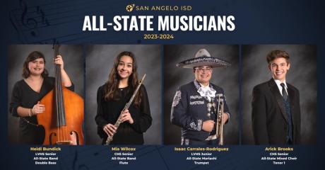 The 2023-2024 All-State Musicians of the San Angelo ISD: Heidi Bundick, LVHS senior, All-State Band, double bass; Mia Wilcox, CHS senior, All-State Band, flute; Isaac Carrales-Rodriguez, LVHS junior, All-State Mariachi, trumpet; and Arick Brooks, CHS senior, All-State Mixed Choir, tenor,