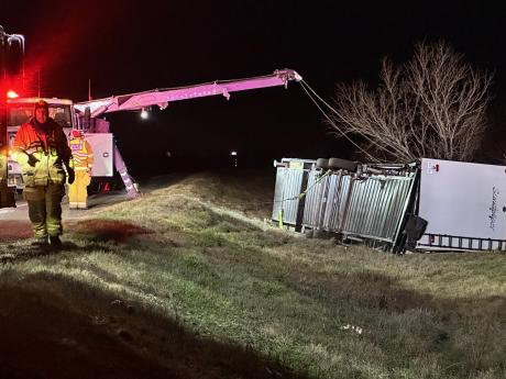 SAN ANGELO, TX — On a very cold and windy Saturday evening, what looks like a Sandpiper RV trailer, possibly a fifth wheel, has found a new home in a barrow ditch laying on its side.