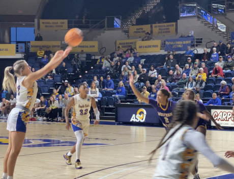 Angelo State's Maddie Stephens sinks a 3 against Western New Mexico.