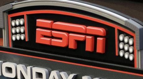 FILE - The ESPN logo is seen prior to an NFL football game between the Bengals and the Steelers in Cincinnati