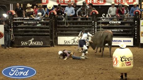 Close call at performance 4 of the 2024 San Angelo Rodeo.