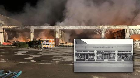 The aftermath of the May 26, 2024 fire in downtown Alpine. Inset is a historic photo of what the building looked like years ago. 