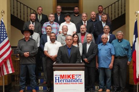 Lt. Mike Hernandez, flanked by 21 current and retired San Angelo police officers and local law enforcement leaders unveiled his action plan for the first 100 days of his administration should he be elected.