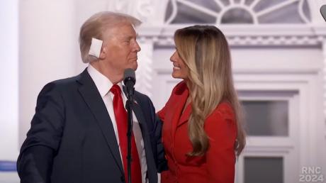  U.S. Presidential candidate Donald Trump and his wife Melania after the former president's triumphant speech at the 2024 RNC Convention during the early morning hours of July 19, 2024.