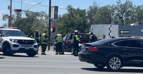 One person was taken to the hospital Wednesday afternoon after a crash involving a motorcycle and pickup truck at the intersection of North Bryant Boulevard and West 14th Street.
