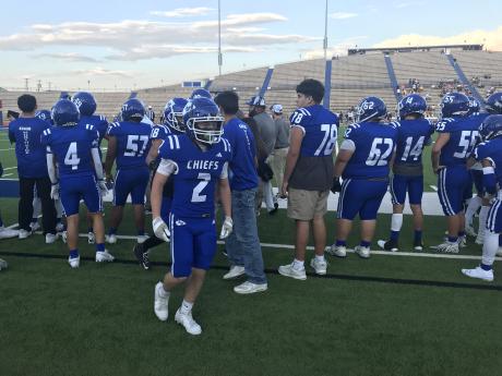 Lake View wide receiver Chris Rodela walks back to the bench after his 52-yard touchdown catch against Snyder on Friday, Sept. 6, 2024, at San Angelo Stadium.