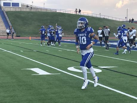 Lake View quarterback Chris Alvizo runs off the field after a 25-yard touchdown against Snyder on Friday, Sept. 6, 2024, at San Angelo Stadium.