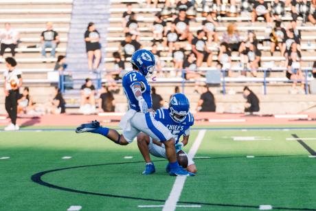 Lake View's Izaiah Rios prepares to kick the ball, which is held by Cristian Esparza, during the Chiefs' 55-42 win over Lamesa on Friday, Sept. 13, 2024, at San Angelo Stadium.