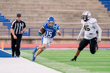 Lake View's Cristian Esparza runs down the sideline after a catch against Lamesa on Friday, Sept. 13, 2024, at San Angelo Stadium.