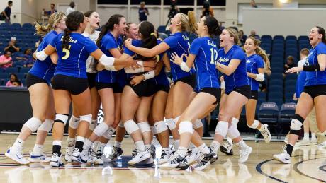 The Angelo State University volleyball team celebrates after a four-set win over No. 3-ranked West Texas A&M on Friday, Sept. 20, 2024.