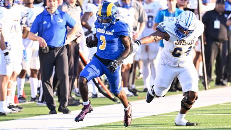 Angelo State cornerback Andrew Pitts records his fifth interception of the season against Texas A&M-Kingsville on Saturday, Oct. 12, 2024.