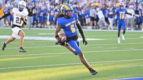 Angelo State wide receiver Kel Williams hauls in a 38-yard touchdown pass from Braeden Fuller on Saturday, Oct. 12, 2024.