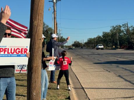 Pre. August Pfluger greats voters at Calvary Baptist Church, Armstrong at E 24th St on Election Day, Nov. 5.