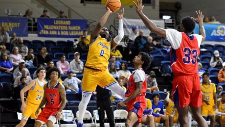 Angelo State's Carvell Teasett had a team-high 22 points in a win over Arlington Baptist on Tuesday, Nov. 19, 2024.