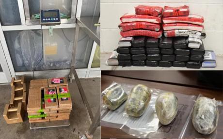 Packages of cocaine and heroin seized by CBP officers at Pharr, Laredo, and Brownsville ports of entry. The confiscated narcotics weigh over 130 pounds combined. 