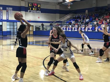 Irion County's Berkley Callaway plays defense in the Lady Hornets' 60-30 win over Aspermont on Monday, Feb. 17, 2025, in the regional semifinals.