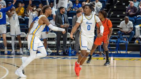Shemar Smith (left) and Carvell Teasett celebrate during the Angelo State men's basketball team's 74-67 win over UT Permian Basin on Thursday, Feb. 27, 2025.