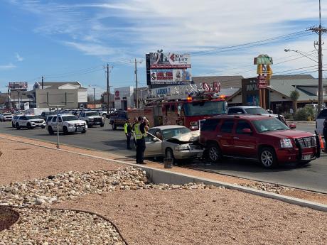 A two-vehicle crash at the intersection of South Jackson Street and Knickerbocker Road on Tuesday afternoon resulted in three people being transported to a hospital for evaluation.