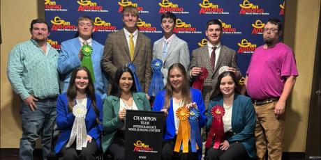 The Angelo State University Wool Judging Team celebrates its first-place finish at the 2025 San Antonio Stock Show and Rodeo Collegiate Wool Judging Contest. ASU’s Blue Team secured the championship title, defeating teams from Texas A&M and West Texas A&M. Team members are pictured with their awards and coaches following the competition.