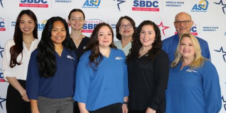 ASU SBDC Staff: Back (L-R) Mi Ha Vu (grad student), Anjelina Humphreys (grad student), Annie Jones, Dave Erickson; Front (L-R) Inglai Hangaripaii (grad student), Katelyn Polk, Elisabeth Dantzler, Dezaray Johnson. 