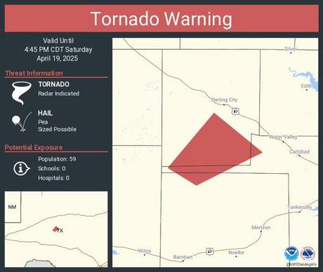 A tornado was confirmed on the ground near the Tom Green and Sterling county line, according to an alert issued by the National Weather Service at 4 p.m. Saturday, April 19.