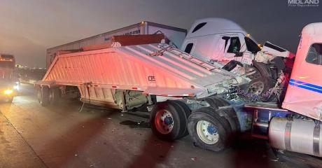 A crash involving four semi trucks in Midland shut down Interstate 20 on Wednesday morning and sent three people to the hospital.