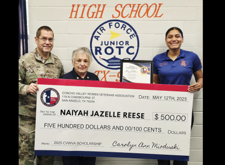 Photo: (l-r) Major Christopher Carney, AFJROTC Commander; Carolyn Mioduski, CVWVA Historian; Naiyah Reese, scholarship recipient