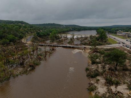 An aerial view of damage along the Guadalupe River near Kerrville on July 5, 2025. Heavy rains in the Hill Country on July 4 caused catastrophic flooding and loss of life.