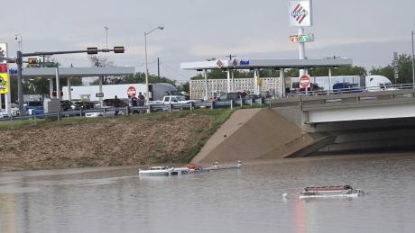 The submerged firetruck on the Houston Harte Expy as seen in multiple social media posts on July 4, 2025. The firetruck did not belong to the SAFD.