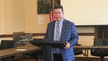 San Angelo Mayor Tom Thompson speaks at a press conference regarding flood recovery efforts on Friday, July 11, 2025.