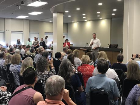 A vocal crowd showed up to greet Rep. August Pfluger during a town hall meeting Monday in San Angelo.