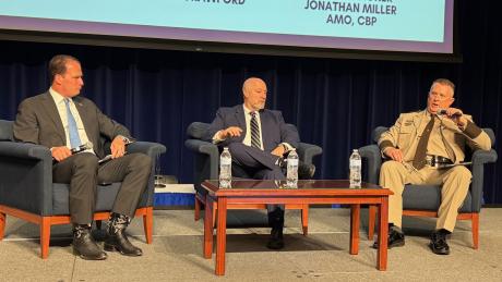 Rep. August Pfluger (R, CD-11, TX) hosted a panel discussion with Griffin Decker, staff director of the House Permanent Select Committee on Intelligence (HPSCI) under the committee's Chairman Rep. Rick Crawford (R-AR); and Asst. Commissioner Jonathan Miller, AMO, CBP at the West Texas Legislative Summit on July 29, 2025.