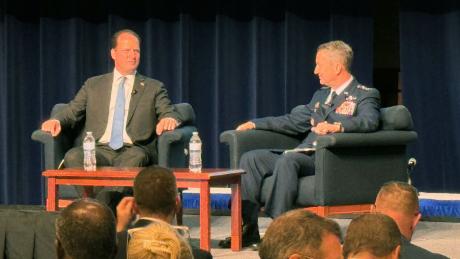 Congressman August Pfluger (left) interviews Chairman of the Joint Chiefs of Staff General Dan "Razin" Caine at the 2025 West Texas Legislative Summit. 