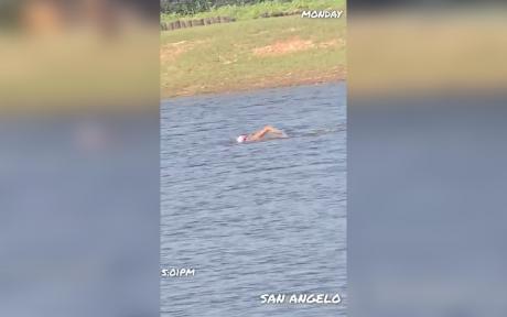 Someone was seen swimming in rainwater at the Northside Recreation Center in San Angelo, Texas, on Monday, July 7, 2025. 
