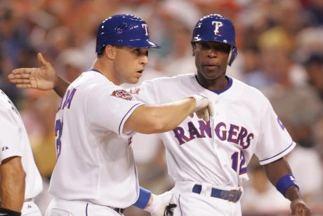 Mark Teixeira, left, is congratulated by Alfonso Soriano after hitting a two-run home run during the 76th MLB All Star Game in Detroit, Michigan on July 12, 2005. Teixeira has announced he's running for Congress in Texas' 21st Congressional District, which is being vacated by U.S. Rep. Chip Roy, R-Austin.