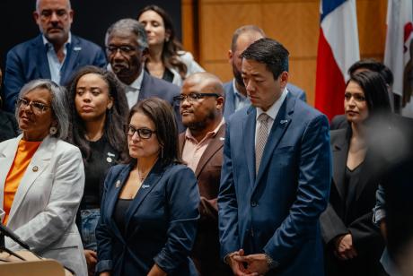 Members of the Texas House Democratic Caucus at a press conference at IBEW Local 701 in Warrenville, Ill., on Aug. 4, 2025. 