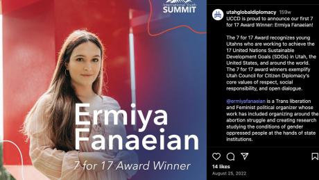 State Department & UN ties to Armed Queers SLC leader now confirmed. This is trasn-activist Ermiya Fanaeian, an award-winning trans liberation and feminist political organizer tied to a Utah trans-activist group allegedly working with a Texas group.
