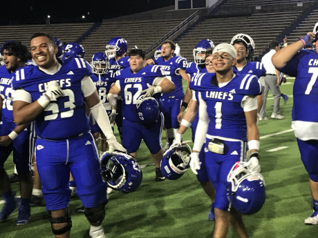 The Lake View Chiefs celebrate their 50-49 win over Lubbock High on Friday, Sept. 19, 2025, at San Angelo Stadium.