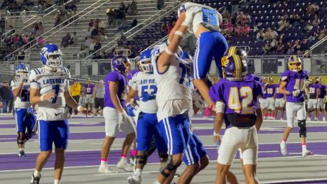 The Lake View Chiefs celebrate a touchdown at Pecos on Thursday, Oct. 23, 2025.