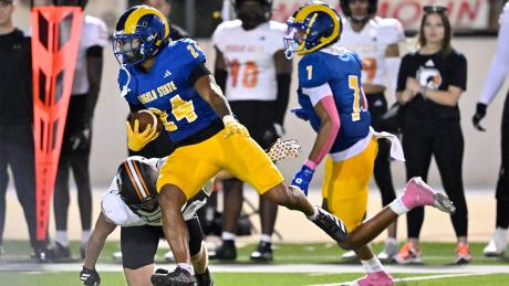 Angelo State's Xavier Walton hauls in his fourth interception of the season against UT Permian Basin on Saturday, Saturday, Oct. 4, 2025.