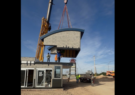 The newest 7 Brew in San Angelo is weeks away from opening after construction crews placed the drive-thru coffee stand on the ground Wednesday.