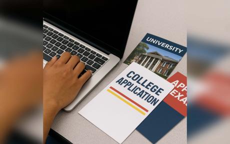 A close-up of a student’s hands typing on a laptop with college brochures nearby. 