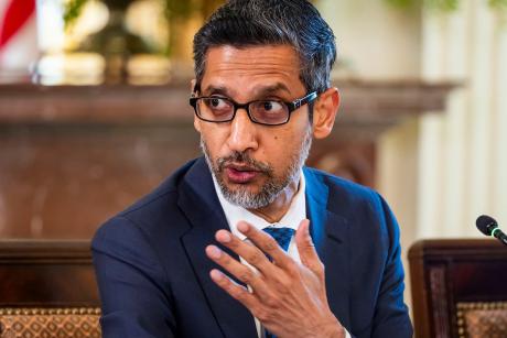 Google CEO Sundar Pichai attends a White House Task Force on AI Education in the East Room of the White House in Washington on Sept. 4, 2025
